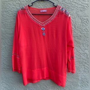 EUC HARPER Bright Melon Sheer Long Sleeve Beaded & Embroidered Tunic Large